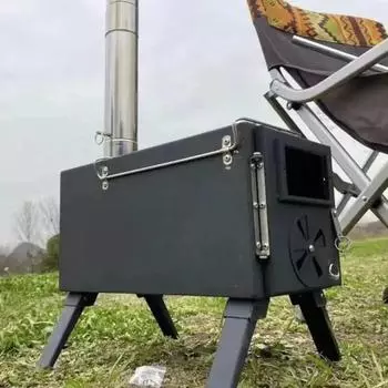 Палатка для кемпинга на открытом воздухе, складная дровяная печь, переносная дровяная печь, многофункциональная дровяная горелка со съемной трубой чёрный
