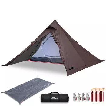 Палатка FIELDOOR Fork Tent 280 с полом, раздвоенным шестом, веревочным колышком и сумкой для хранения, полностью закрытая сетчатая юбка, укрытие, вигвам, палатка для одиночного тура, кемпинга [темный цвет]