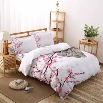 Pale Pink Duvet Cover Set, Sakura Branch with Cherry Flowers Tender Japanese Spring, Decorative 3 Piece Bedding Set , King Size EU single(135x200cm)