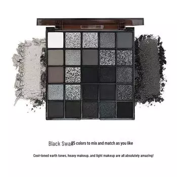 Палетка теней для век Kappel Black Swan 25 цветов: Матовые, с блестками и мерцающие в оранжево-коричневых, натуральных и осветляющих оттенках.