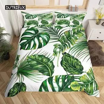 Palm Leaves Duvet Cover Banana Leaves Duvet Cover Hawaiian Tropical Leaves Bedding Set Green Leaves Branches Quilt Cover Women EU single(135x200cm)