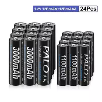 PALO 12 шт., 1,2 В, 3000 мАч, батарейки типа АА, аккумуляторная батарея AA и 12 шт., 1100 мАч, батарейки AAA, NI-MH, 3A, аккумуляторная батарея чёрный