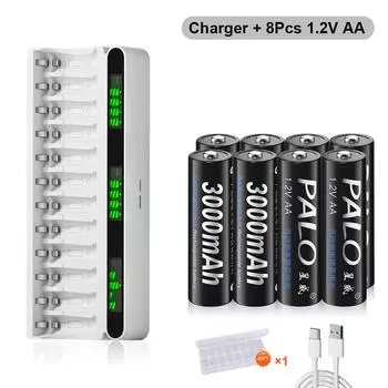 PALO 1,2 В AA Ni-MH аккумуляторная батарея AA Батарея 3000 мАч AA 2A Батарея + 12 слотов ЖК-дисплей USB 1,2 В AA AAA NIMH NI-CD Зарядное устройство для батареи