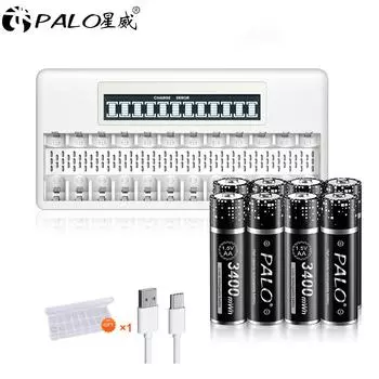 PALO 3400 мВтч, 1,5 В, литий-ионная аккумуляторная батарея AA, литиевые батареи AA 2A + 12 слотов, 1,5 В, AA, AAA, зарядное устройство Charger+4 Battery