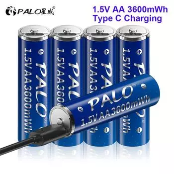 PALO 3600 МВтч 1,5 В AA USB перезаряжаемая литий-ионная батарея AA литий-ионный элемент + кабель типа C для мыши игрушечные часы MP4 клавиатура