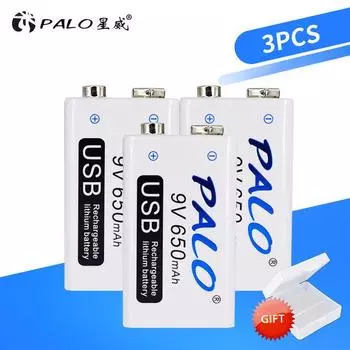 PALO 3 шт. USB аккумулятор 9 В USB литий-ионный аккумулятор 650 мАч 6F22 batteria белый