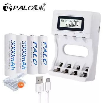 PALO 4-12 шт. aa Ni-MH аккумуляторная батарея 1,2 В 3000 мАч + USB ЖК-дисплей умное быстрое зарядное устройство для aa aaa