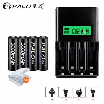 PALO 4 шт., 1,2 В, аккумуляторная батарея mi-mh AA, 3000 мАч + зарядное устройство USB с ЖК-дисплеем на 4 ячейки для aa aaa US plug