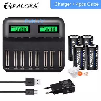 PALO 4 шт. аккумуляторная батарея размера C, Ni-MH, 1,2 В, 4000 мАч/USB, интеллектуальное зарядное устройство, несколько режимов для комплекта для зарядки компакт-дисков 1,2 В AA AAA