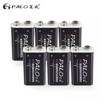 PALO 6 шт., 600 мАч, 9 В, литий-ионный аккумулятор 9 В для микрофона чёрный