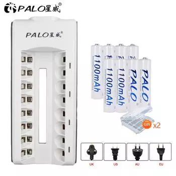 PALO 8 шт. аккумуляторная батарея AAA 1,2 В 1100 мАч Ni-MH аккумуляторы + 8 слотов интеллектуальное быстрое зарядное устройство для Ni-MH Ni-CD aa aaa US plug