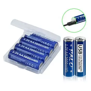 PALO Литий-ионный аккумулятор типа АА 1,5 В, 3600 мВтч, литий-полимерный USB Литий-ионный аккумулятор типа АА, аккумулятор типа АА для клавиатуры, мыши + USB-кабель