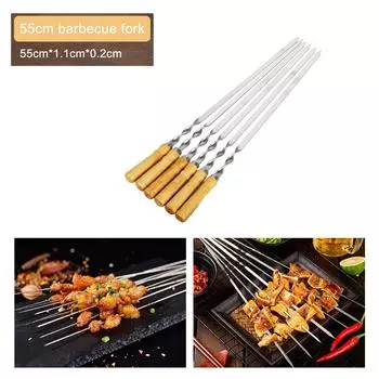 Палочка для гриля, шампуры для барбекю с длинной ручкой, 6 шт., деревянная вилка для барбекю, нержавеющая сталь, игла для гриля на открытом воздухе, 55 см, 21,65 дюйма