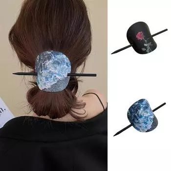 Палочка для волос в китайском стиле с принтом розы из искусственной кожи, декоративная палочка для волос, аксессуар для прически своими руками B