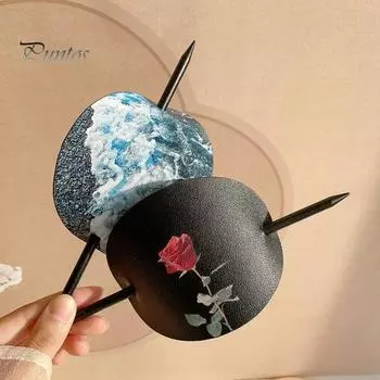 Палочка для волос в китайском стиле с принтом розы из искусственной кожи, декоративная палочка для волос, аксессуар для прически своими руками A