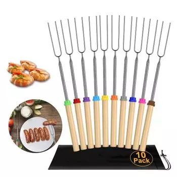 палочка для запекания из нержавеющей стали с деревянной ручкой, телескопическая U-образная форма для барбекю на открытом воздухе, шампур, палочка для зефира, вилка для хот-догов Sets