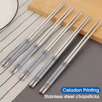 Палочки для еды из нержавеющей стали, креативный фарфоровый узор, стильные палочки для еды, китайские стильные нескользящие палочки для еды, палочки для еды для дома синий