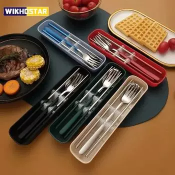 Палочки для еды из нержавеющей стали, столовые приборы, дорожная походная портативная вилка, ложка, студенческий офисный рабочий, набор из трех предметов для хранения 2pcs