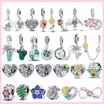 Памела 925 серебряные подвески в виде подсолнуха Plata De Ley оригинальный цветок кактуса зеленый лист бусина для DIY Подвески браслет изготовления ювелирных изделий