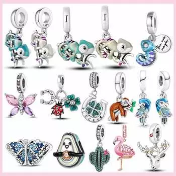 Памела 925 Серебряный Панда Бабочка Хамелеон Подвески Цветок Черепаха Осьминог Бусина Для Оригинальных Браслетов Ювелирных Изделий