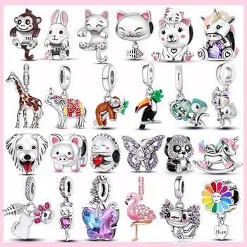 PAMELA S925 Стерлингового Серебра Животное Жираф Кролик Подвески Сова Змея Слон Фламинго Обезьяна Подвеска Для Оригинальных Браслетов Ювелирных Изделий