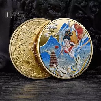Памятные монеты, нежные цветные фрески в китайском стиле, Дуньхуан, значок для коллекции живописных мест серебряный