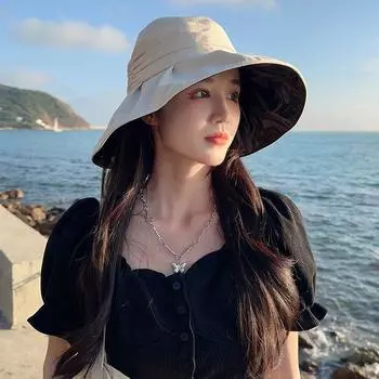 Панама I Женская Виниловая Защищающая от Солнца УФ Шляпа Студенческая Дорожная Универсальная Солнцезащитная Шляпа УФ Солнцезащитная Шляпа C2080 three-layer ruched Bows cap beige M(56-58cm)