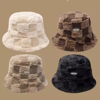 Панама из овечьей шерсти, женская зимняя плюшевая теплая утолщенная панама, маленькая клетчатая панама One Size