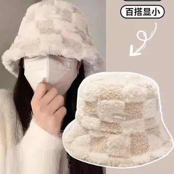 Панама из овечьей шерсти, женская зимняя плюшевая теплая утолщенная панама, маленькая клетчатая панама One Size