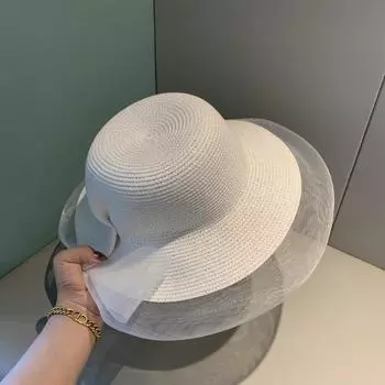 Панама, однотонная шляпа от солнца с бантом, белая ультратонкая дышащая летняя женская шляпа-ведро, соломенная шляпа Fedora для женщин белый