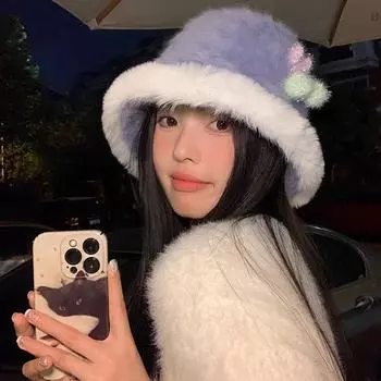 Панама с пушистым краем из черешни, женская осенне-зимняя теплая плюшевая панама, универсальная шляпа-ракушка M56-58cm синий