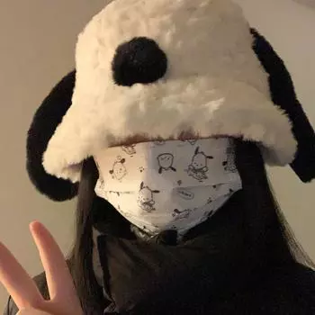 Панама с ушками щенка, женская осенне-зимняя версия, большая окружность головы, плюшевая панама, милая мордашка, маленькая теплая шапка M56-58cm белый