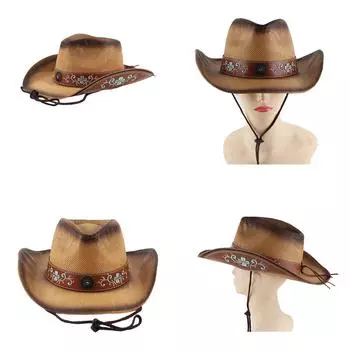 Панама Соломенная шляпа в стиле вестерн с цветочной вышивкой для женщин и мужчин Повседневная одежда Соломенная шляпа в стиле вестерн для мужчин и женщин Одежда унисекс хаки