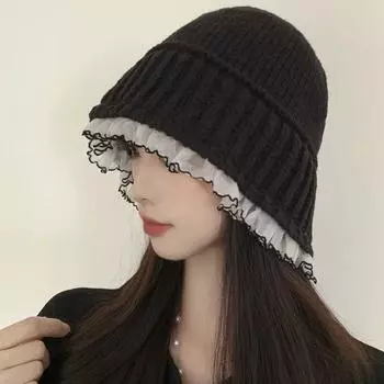 Панама женская новинка 2024 года осень-зима вязаная шерстяная шапка показывает лицо маленькая корейская блоггерская ленивая теплая шапка для бассейна M56-58cm