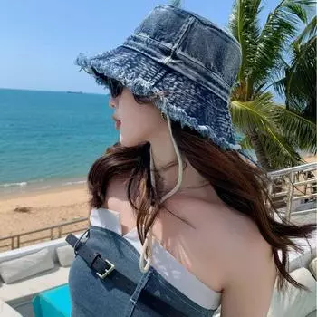 Панама женская весенне-осенняя складная шляпа с грубыми краями, потертая старая джинсовая шляпа в стиле ретро, повседневная шляпа M56-58cm чёрный