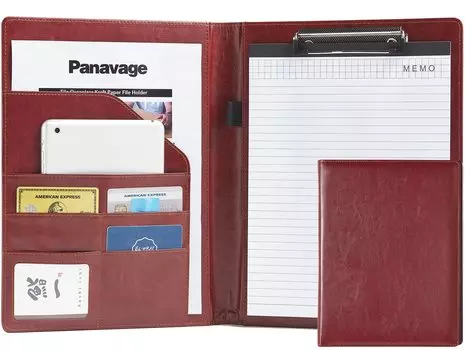 Panavage Binder A4 Clipboard PU Clip File Bifold Multifunctional Pen Holder with Pocket Business Card Holder with Notepad (Brown)