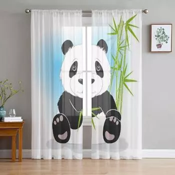 Panda Bamboo Leaves White Luxurious Chiffon Sheer Curtains for Living Room Bedroom Decoration Window Voiles Tulle Curtain 135W x 114H(cm)