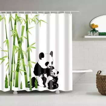 Panda Bamboo Shower Curtain, Cartoon Funny Cute Blue Sky Rainbow Kids Bamboo Forest Animals Birds, Bathroom Decorative Fabrics 90x180cm-35x70in