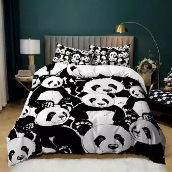 Panda Duvet Cover Cartoon Panda Printed Bedding Set For Kids Boys Girls Microfiber Cute Animal Comforter Cover 3Pcs Full Size EU Single 135x200cm