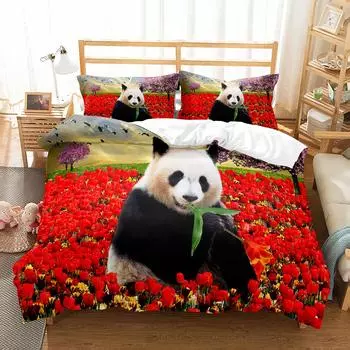 Panda Duvet Cover Set Cute Wild Animals Polyester Comforter Cover King Queen Size for Kids Boy Girl Bedding Set with Pillowcase EU single(135x200cm)