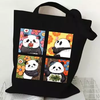 Сумка-тоут для дам с пандой, китайская, с цветочным принтом, для любителей панд, на плечо, экологическая, большая вместимость, для подростков и женщин, мультяшная сумка-тоут