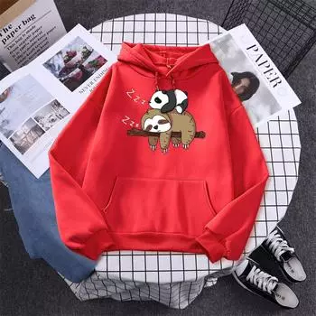 Панда лежит на ленивце Принты Женщины Мужчины Толстовка Осенняя флисовая теплая с капюшоном Повседневная модная толстовка Универсальная унисекс Спортивная одежда S