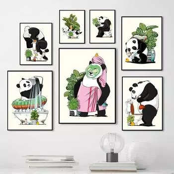 Панда пьет туалет плакат и печать мультфильм панда чистит зубы холст картина настенная художественная картина 21cm30cm NoFrame