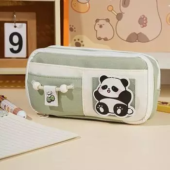 Panda Pencil Bag Green Multi-Layer Large Capacity Pensil Case Cute Cartoon Pen Holder Stationery School Supplies Gift Organizer