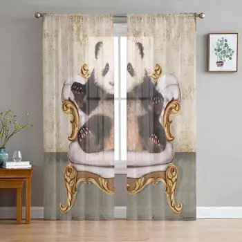 Panda Sitting On The Couch Retro Tulle Curtain Voile Transparent Tulle for Bedroom Living Room Kitchen Sheer Window Curtains W135 x H114cm