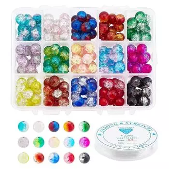 PandaHall Elite Примерно 195 стеклянных бусин 10 мм 15 цветов Круглые бусины Трещины Бусины Прозрачные с эластичной проволокой Товары для рукоделия Аксессуары Детали