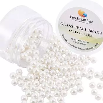 PandaHall Elite Small Satin Glossy Glass Pearl Круглые бусины для принадлежностей для рукоделия DIY 8 мм 200 шт. в коробке молочно-белого цвета