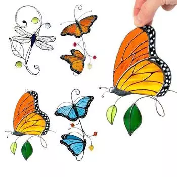 Панель «Бабочка» Ловец Солнца Витражное стекло ручной работы Подвесное украшение для окна Металлическая бабочка Ловец Солнца A