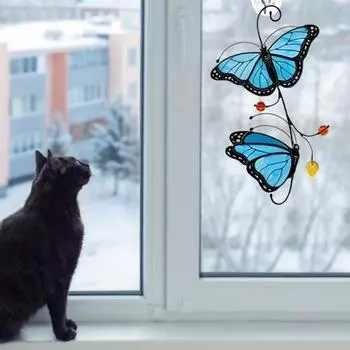 Панель Бабочка Солнцеловец Витражное стекло ручной работы Подвесное украшение на окно Металлическая Бабочка Солнце A