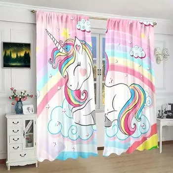 Панели занавесок с полутенью в виде единорога и радуги для декора спальни и гостиной - легкие шторы с карманами из матовой ткани 2x50W130H(CM)40x51in&Hook